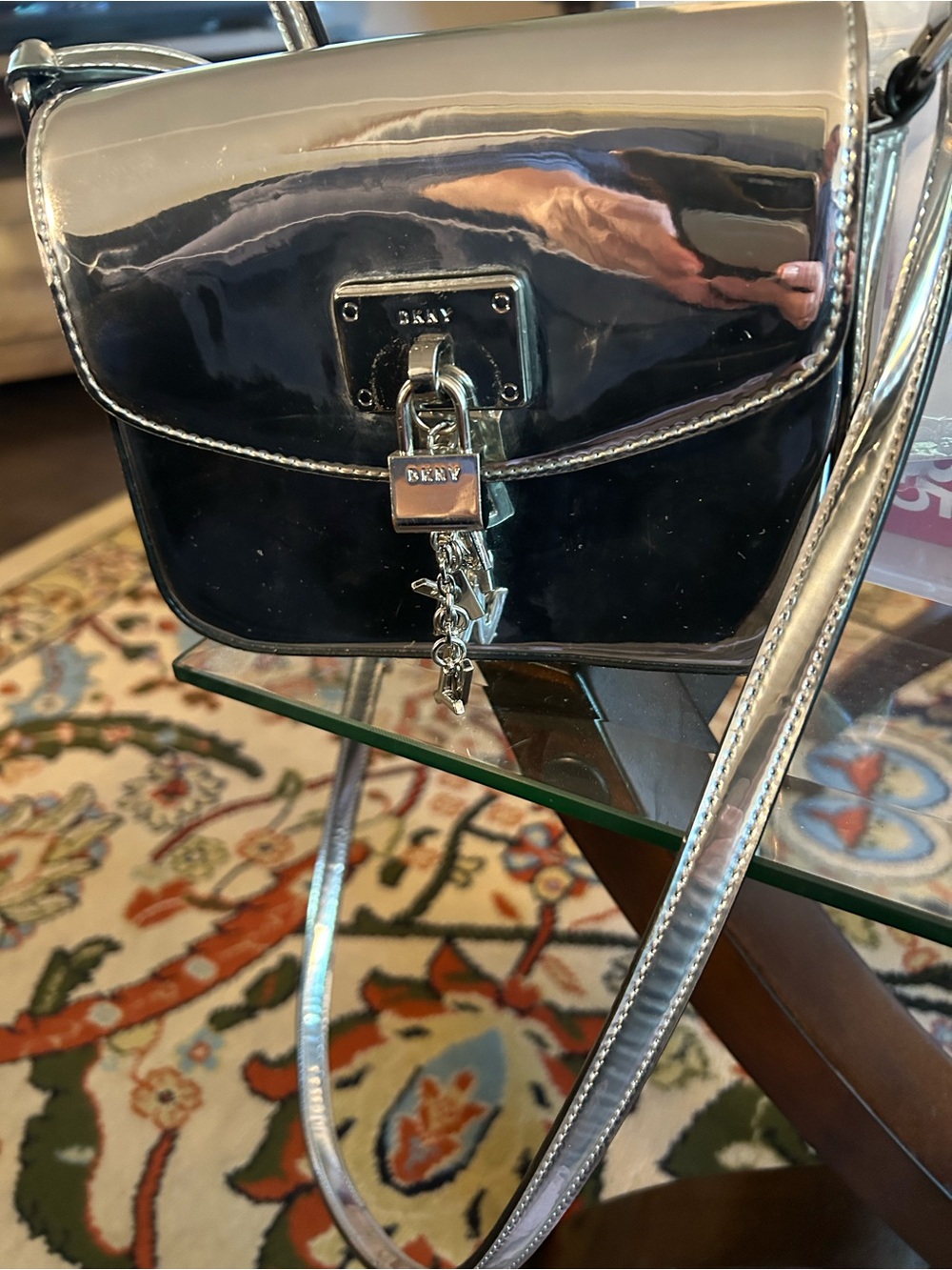 DKNY Metallic Silver Mirror Crossbody with Logo Charm